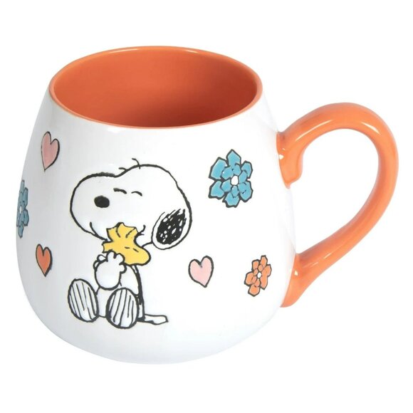 Peanuts Snoopy Holding Woodstock 20 oz Ceramic Coffee Mug Floral Hearts Orange - Picture 4 of 7